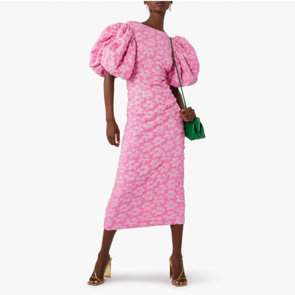 Rotate jacquard puff sleeve midi dress
